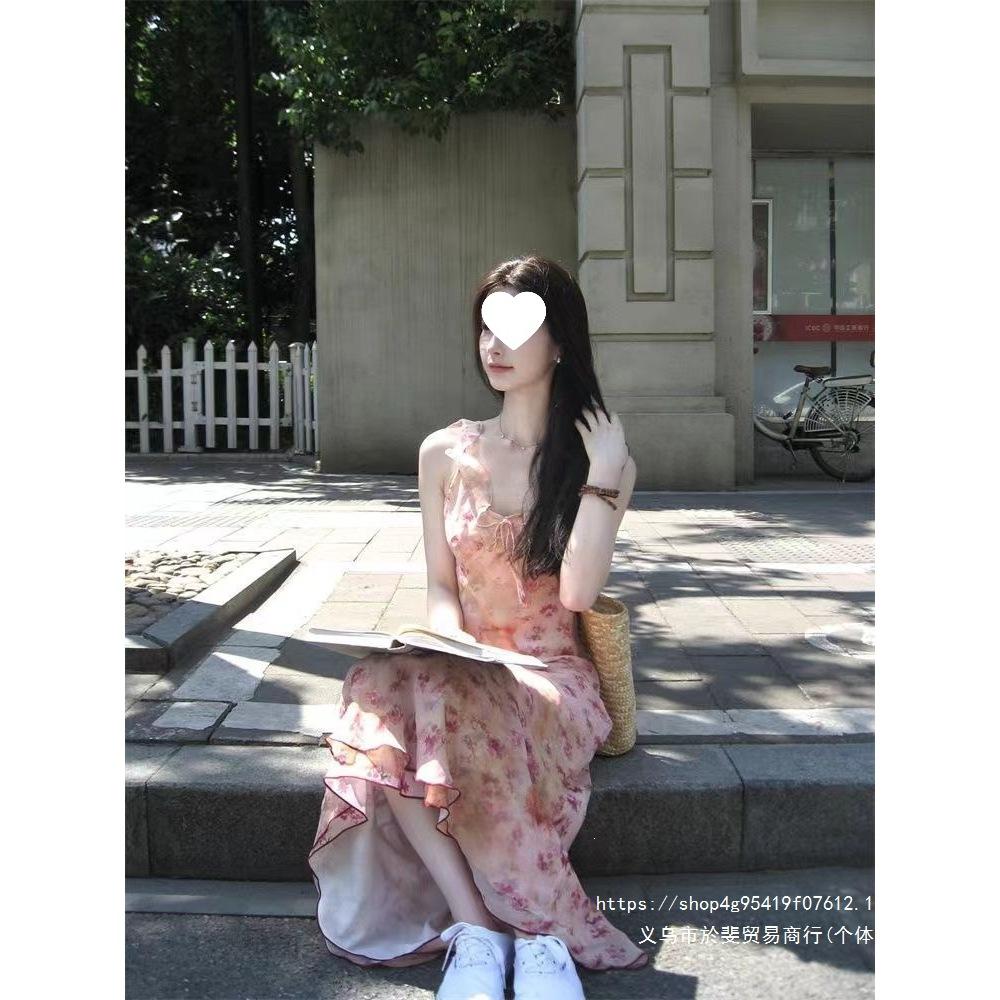 Pink Floral Suspender Dress Women's Summer French Retro Waist Thin Holiday Style Temperament Long Skirt