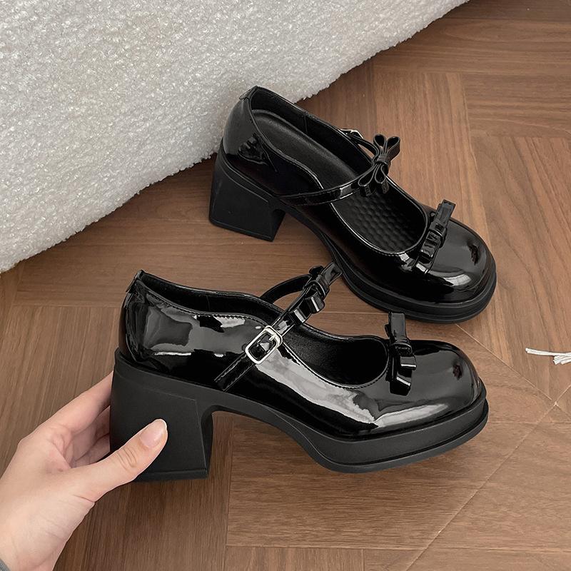 Fashion black French thick heel high heels women's summer 2025 new heightening skirt Mary Jane small leather shoes single shoes