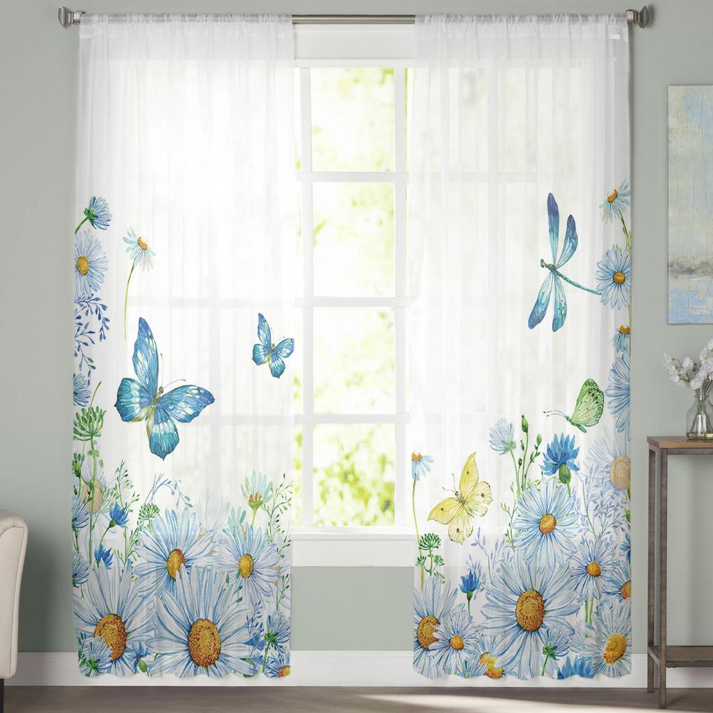 Aquarellblumen Schmetterling Libelle Tüllvorhang Voile Transparent für Schlafzimmer Wohnzimmer Küche Durchsichtige Fenstervorhänge