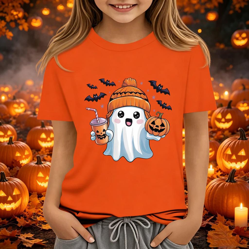Kids Halloween Printed Short Sleeve T-Shirt, Round Neck Loose Fit Top for Boys Girls Casual Wear