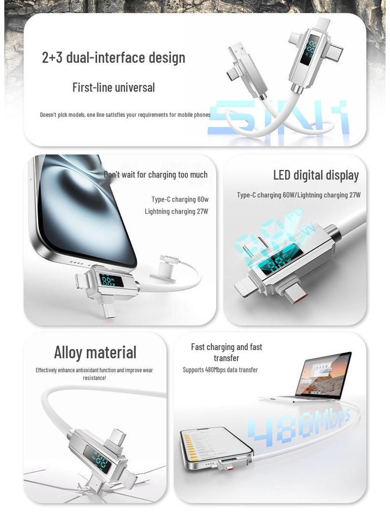 LED Digitalanzeige 5-in-1 Schnellladekabel, Vollständig kompatibel mit Apple & Huawei