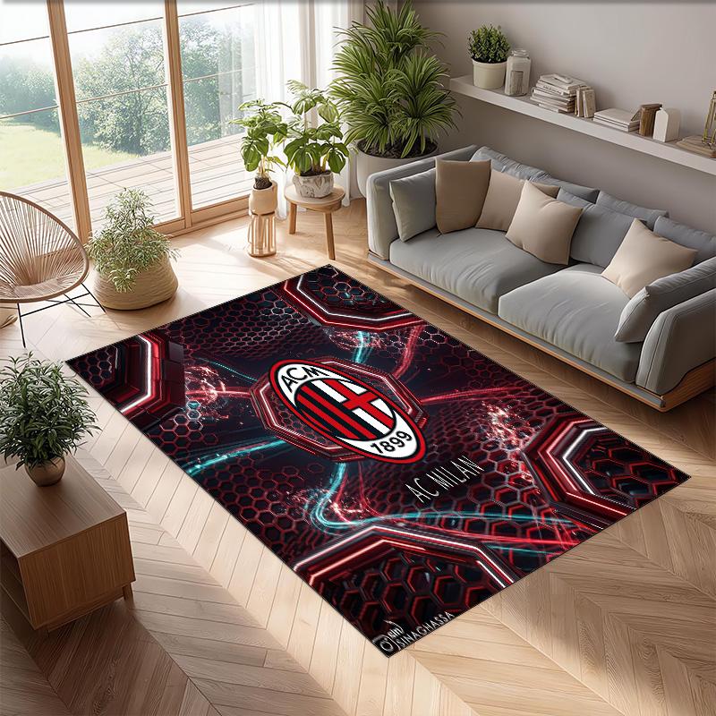Tappeto in Flanella Stampato AC Milan Antiscivolo Morbido Poliestere Tappeto per Pavimento Tappetino Decorativo da Interno per Camera da Letto Soggiorno Divano Sala Giochi Decorazione Casa