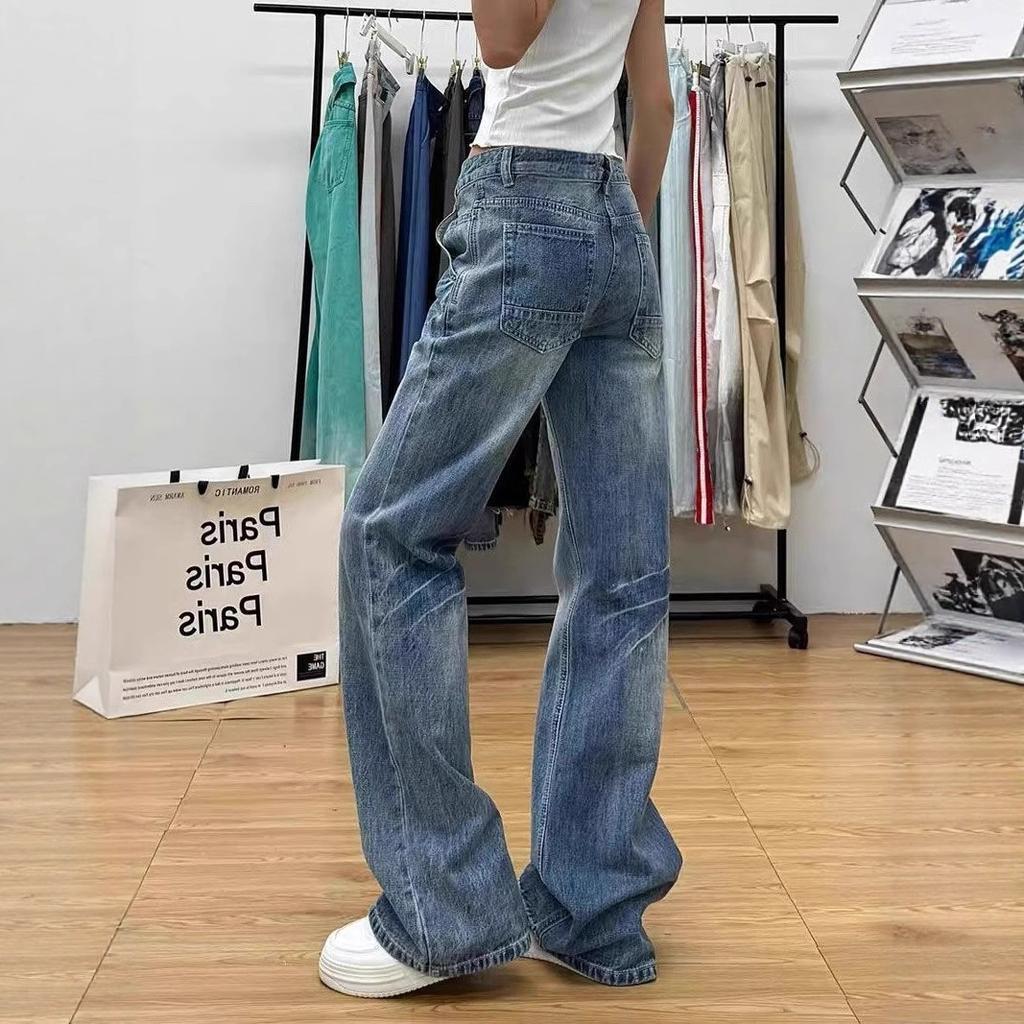 Large Size Micro Flare Washed Cracked Jeans Female Mid-waist Wide Leg Loose Design Sense Trailing Straight Trousers Jeans for Women Long Denim Pants