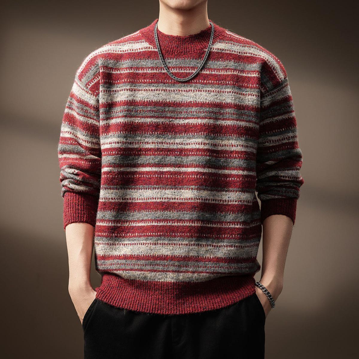 

Premium Retro Fair Isle Men s Sweater: Autumn/Winter Loose Knitwear, Round Neck, Ethnic Style 2XL (170-190 jin)
