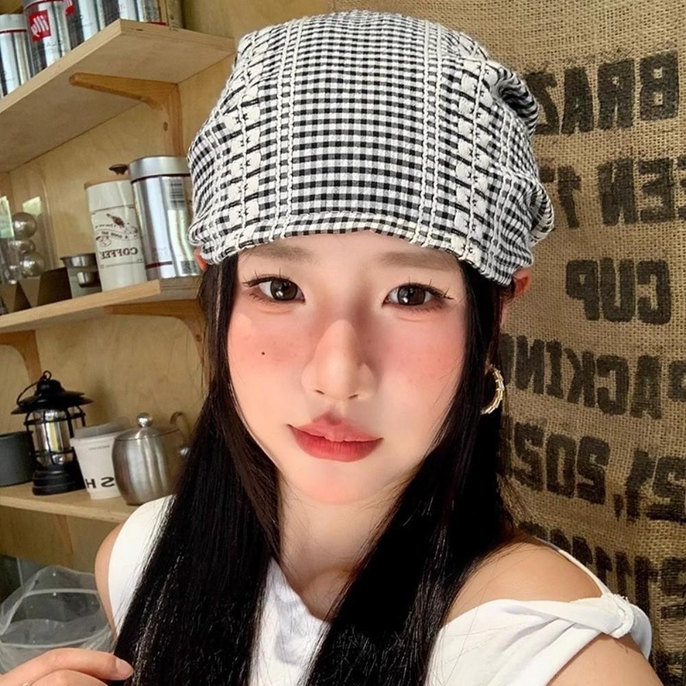 Spring Summer Strappy Bandana Cap Plaid Beanie Hats Vintage Headscarf Hat  Women Men