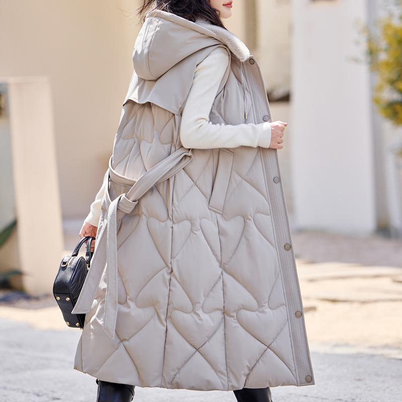 Fashion Winter Coat Female Warm Long Vest Hooded Elegant Fur Collar Thick Sleeveless Parka