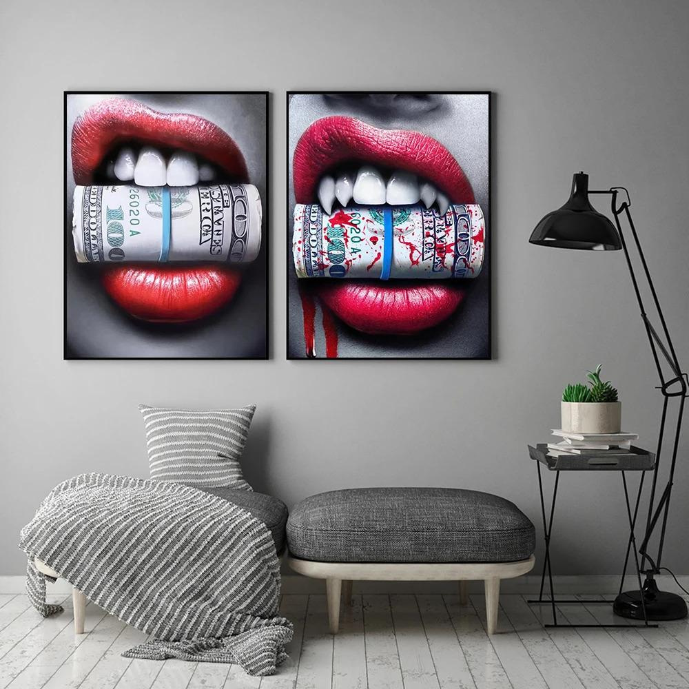 Sexy Woman Red Lips Money Rose Wall Art Posters Modern Home Living Room Bedroom Decorative Canvas Painting Picture Print Artwork