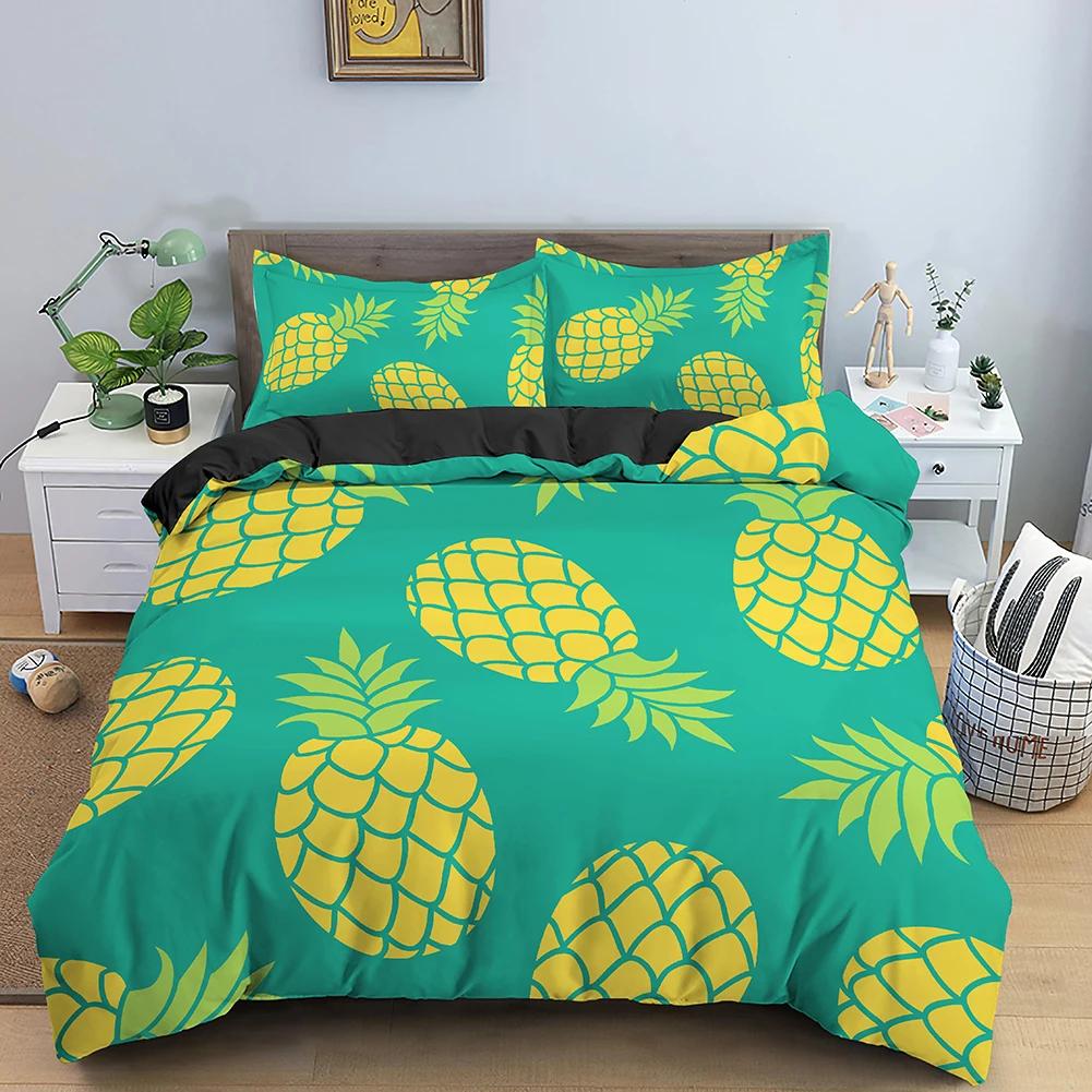 Summer Sweet Fruit Print Duvet Cover Full, Twin King Size Kawaii Watermelon Pineapple Comforter Cover Cartoon Style Bedding Set
