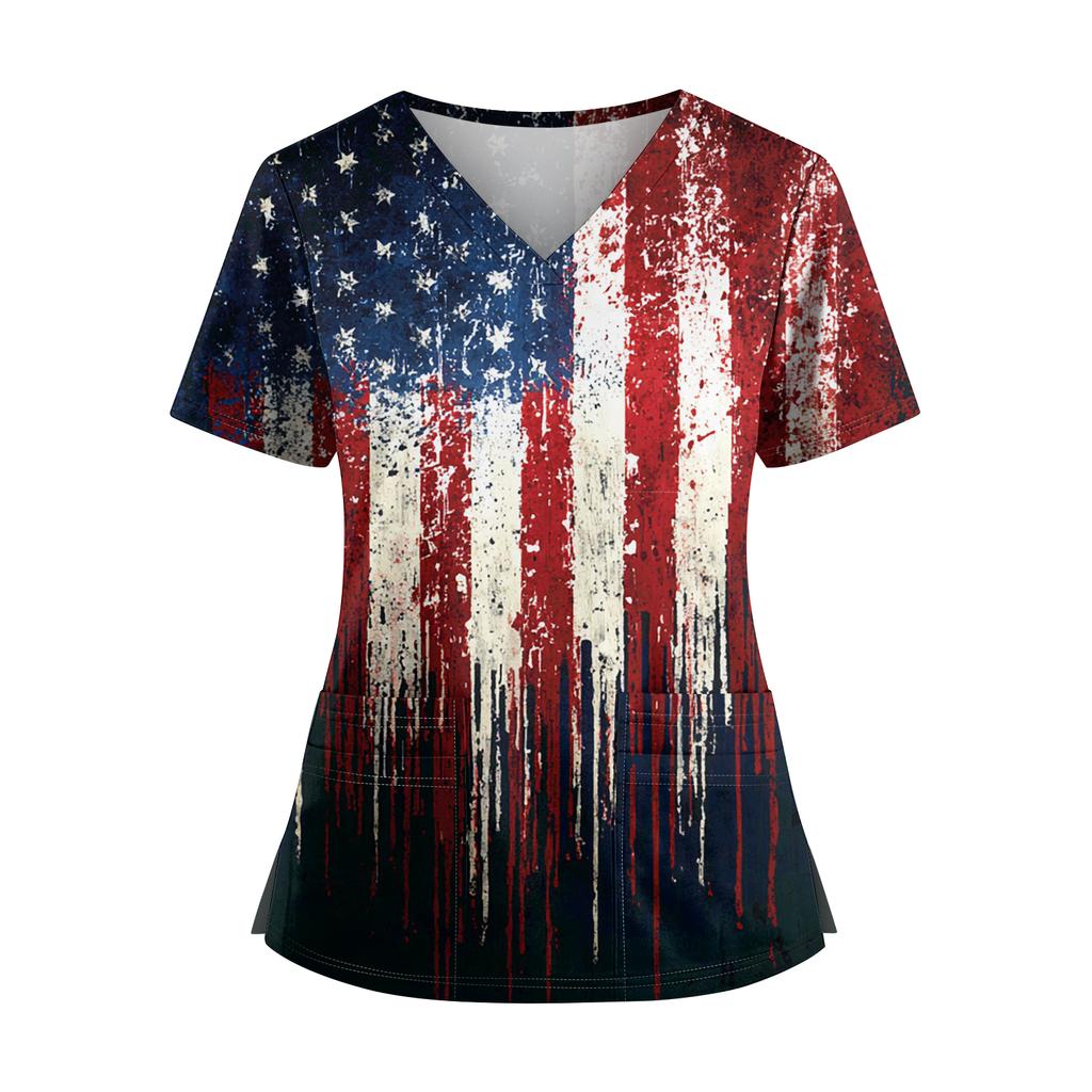 Women's Independence Day Print V-Neck Double Pocket Short Sleeve Uniform with Slit Hem - Caregiver Top
