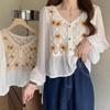 Spring Summer Crochet Top Chiffon Flower Embroidery Daisy Long Sleeve Button Front Fake Two-Piece Blouse