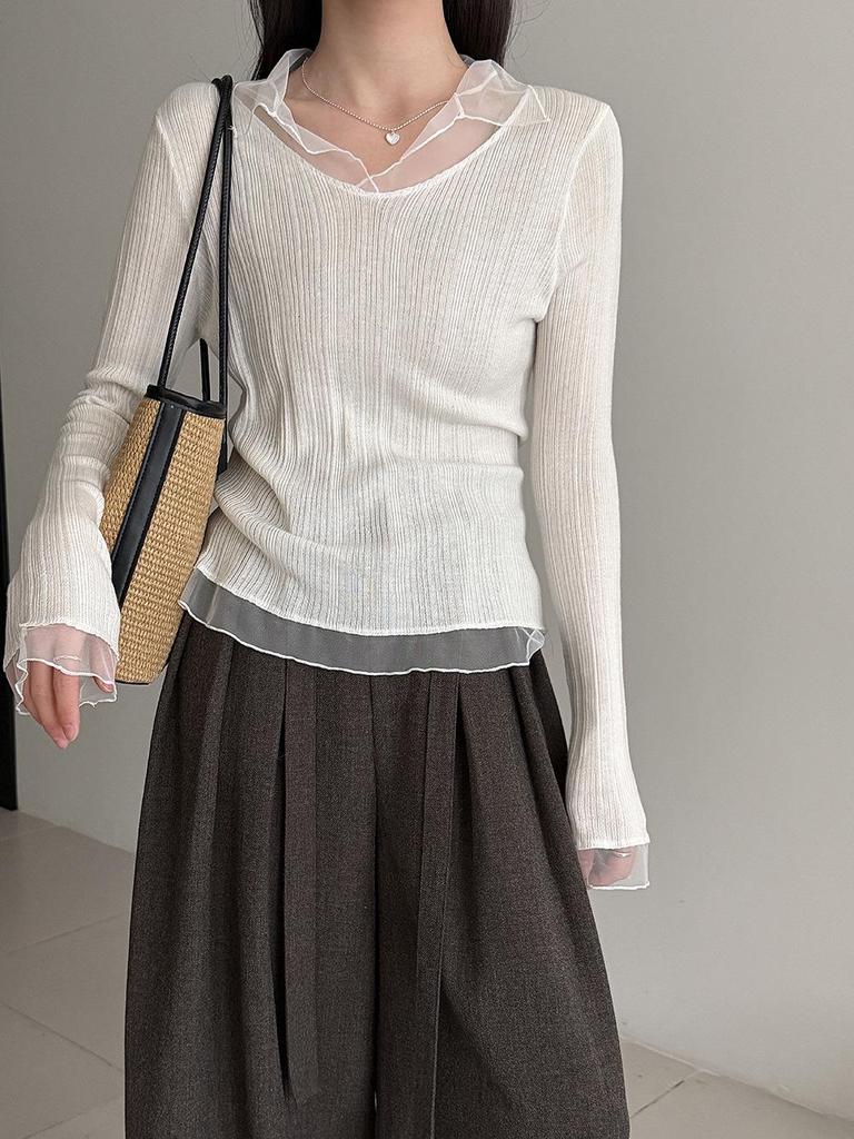 Lu Xi Women's V-neck Korean Style Mesh Patchwork Knit Top, Early Spring 2026 Collection