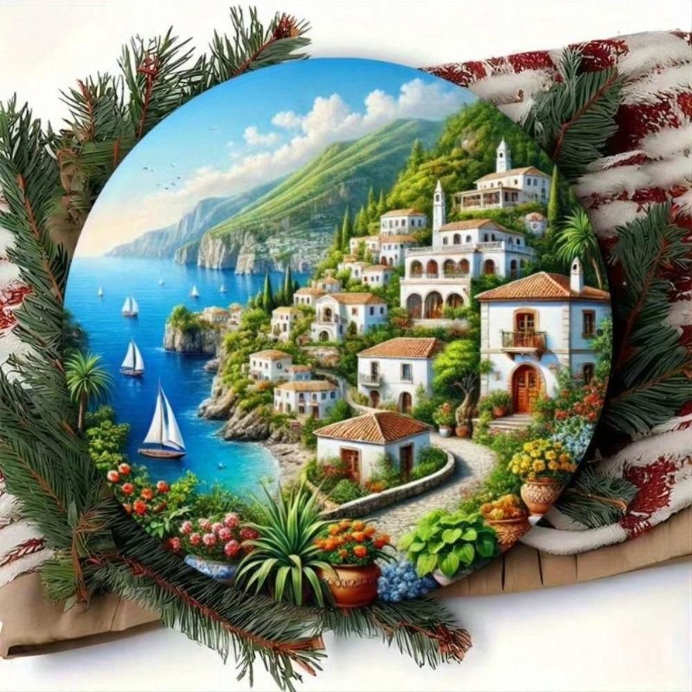 Metal Wall Art Mediterranean Coastal Village Sign Greek Island Sea Landscape Decor