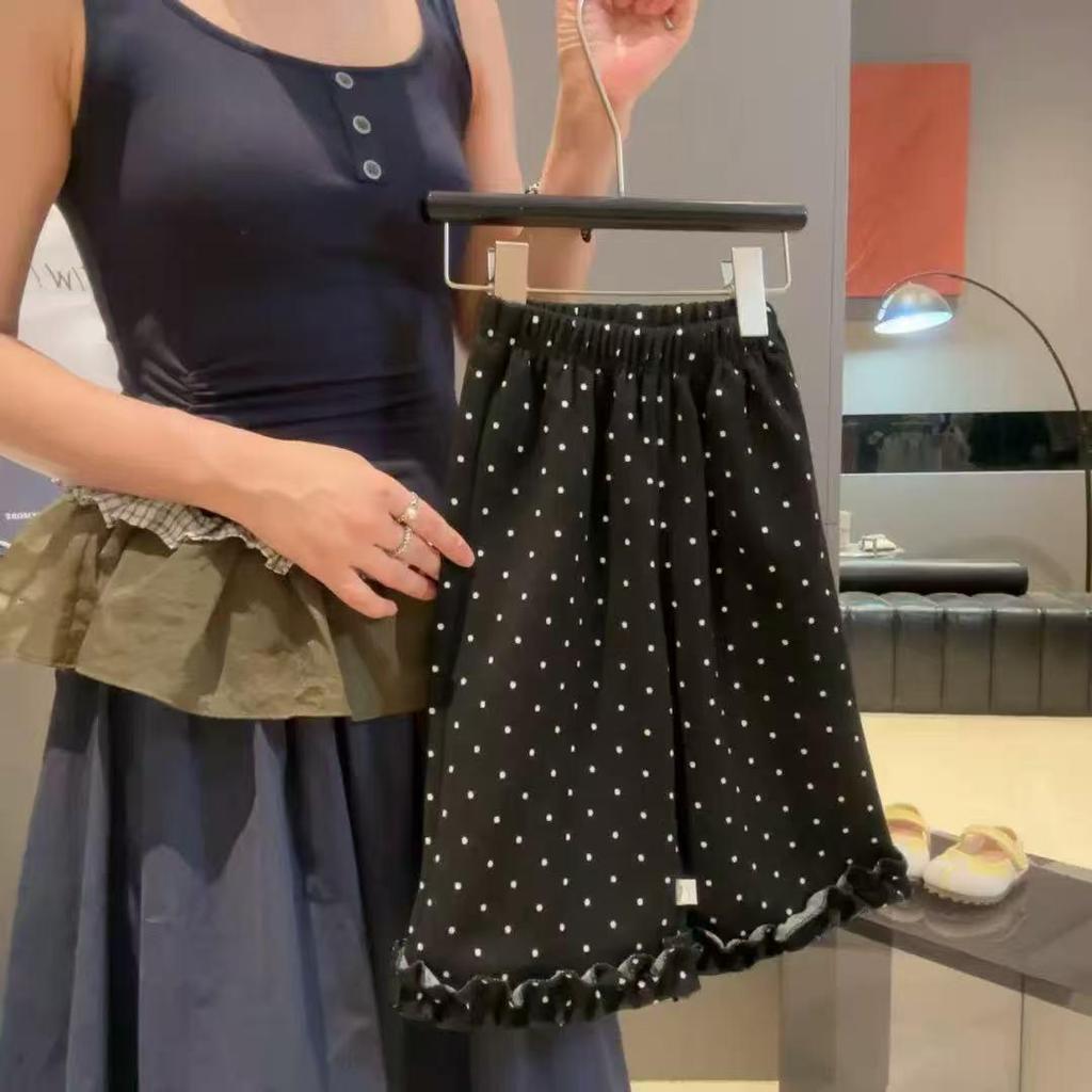 2025 Autumn Korean Style Girls' Polka Dot Lace Ruffle Wide Leg Pants - Kids' Casual Fit