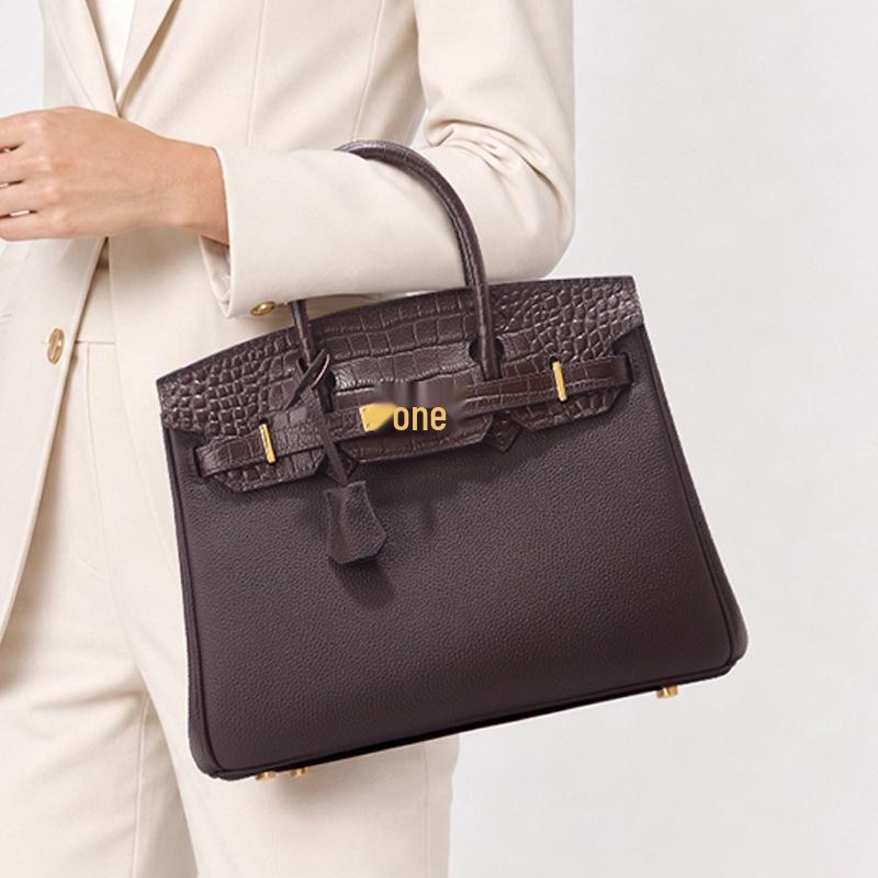 Sac à Bandoulière en Cuir de Vachette Motif Crocodile, Grand Sac à Main Rétro Style Kelly pour Femmes
