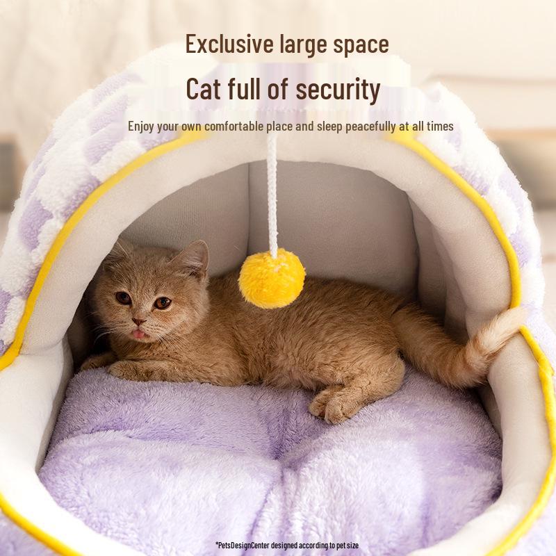 Checkered Cozy Cat and Dog Bed: Warm, Semi-Enclosed, Rocking Nest for Autumn/Winter