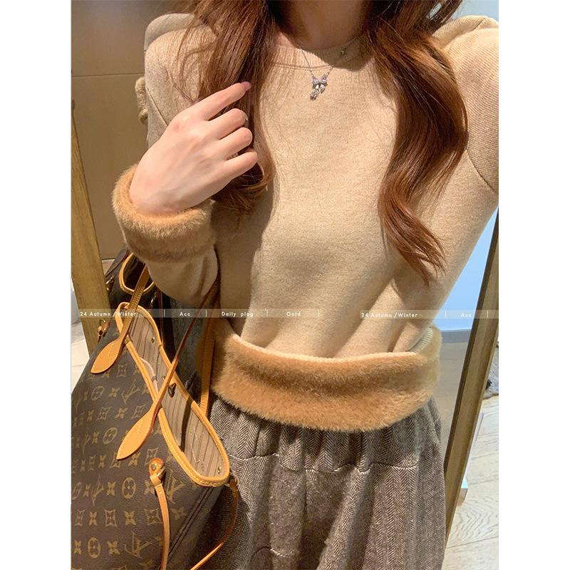 Fleece thickened crew neck top women's design sense integrated fleece sweater winter inner knitted sweater top