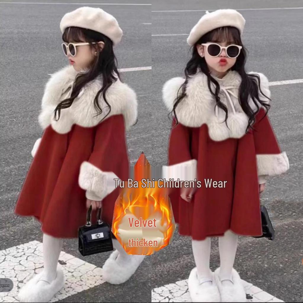 Dívčí vlněný flísový kabát s velkým kožešinovým límcem, korejský styl, silný, módní, na podzim/zimu 2024