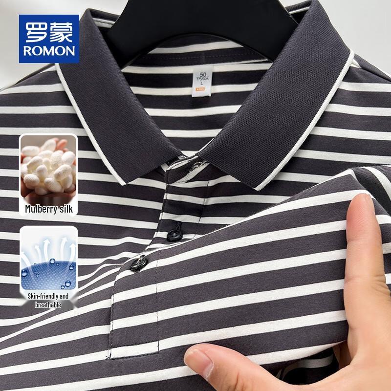 ROMON Men's Cooling Silk Blend Striped Polo Shirt
