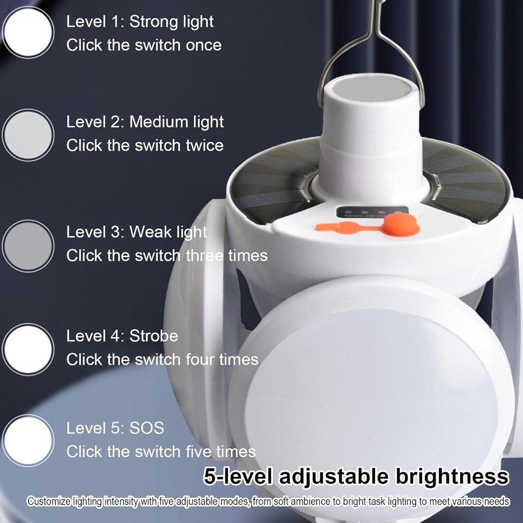 2 In 1 Folding Solar Lamp, USB Rechargeable Portable Camping Light, 5-Gear Adjustament Outdoor Solar Power Light, Portable Waterproof Hanging Tent