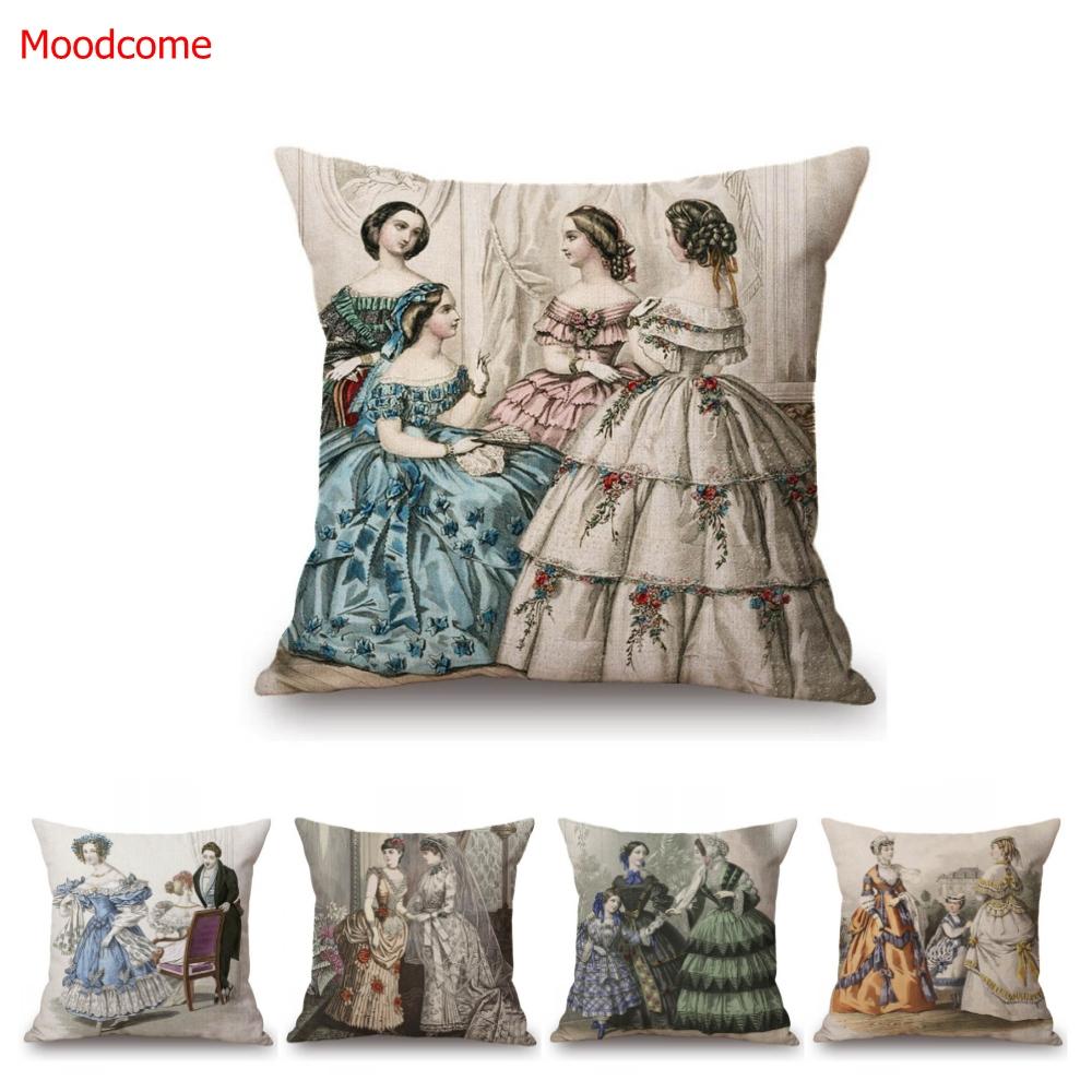 

Антикварная европейская мода Викторианская эпоха Королевский двор Платье Элегантная Принцесса Герцогиня Женщина Леди Диван Наволочка Художественная подушка Чехол