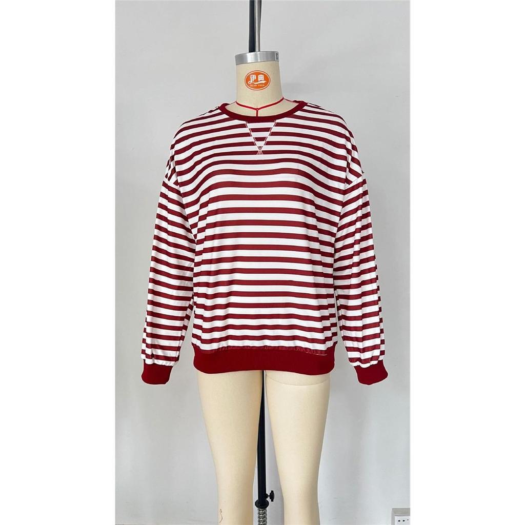 Women's Simple Home Casual Striped Pattern Round Neck Trendy Long-sleeved Pullover Color Block T-shirt