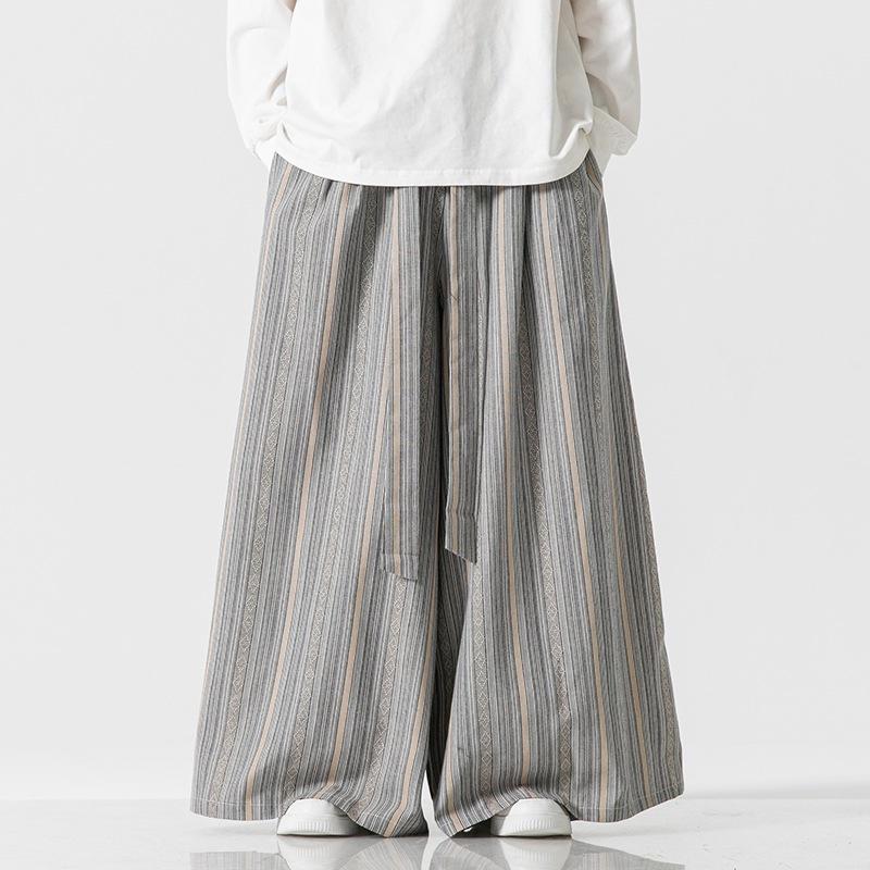 

2023 A/W Men s Striped Patchwork Cotton Linen Wide Leg Pants, Chinese Style Casual Plus Size. Medium