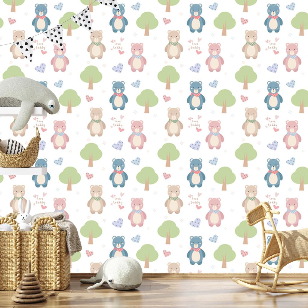 Teddy bears on a white background wallpaper for the living room and bedroom 50x1000