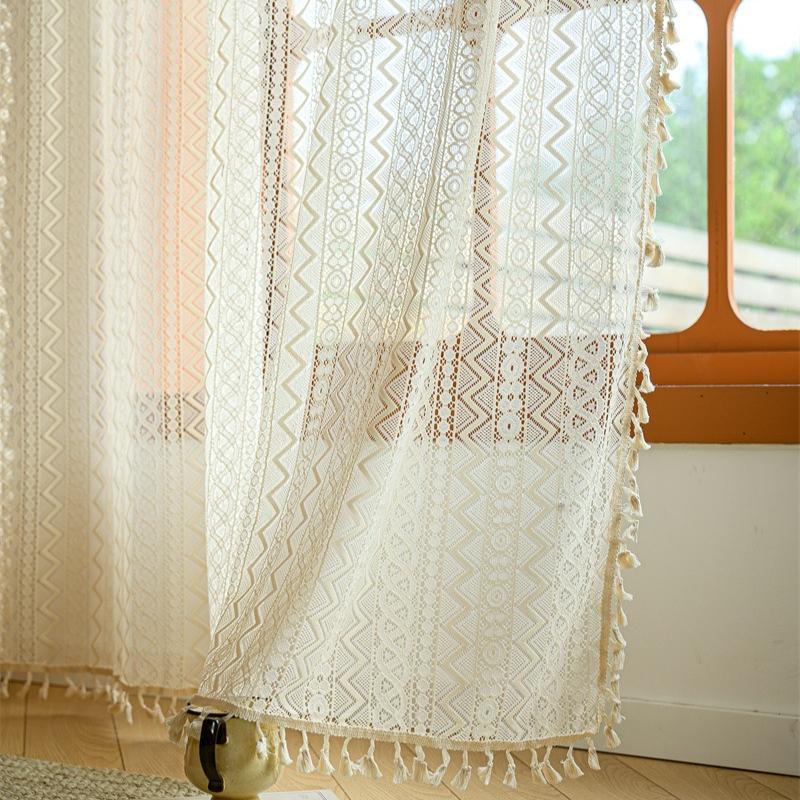 French Translucent Curtains Bohemian Style Hollow Lace Fabric Four Season Universal Living Room Decoration Drapes Vintage Tassel Fabric Curtain
