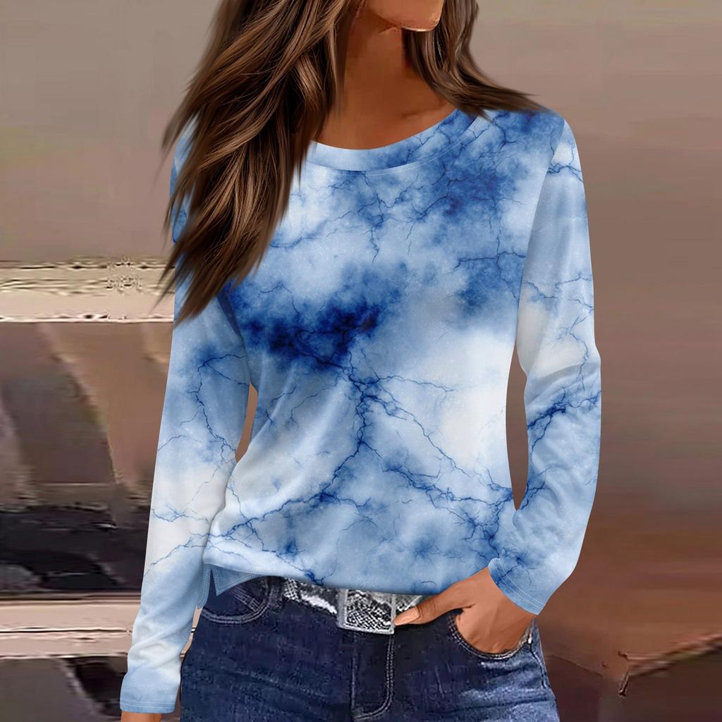 Women's Fashion Hem Slit Casual Floral Print Round Neck Long Sleeve Top