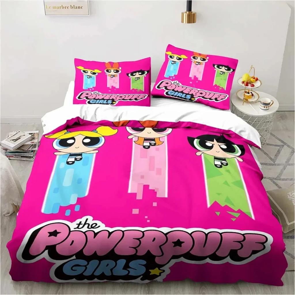 Anime Powerpuff Cute Grils Cartoon Bedding Set Duvet Cover Bed Set Quilt Cover Pillowcase Comforter King Queen Size Boys Adult