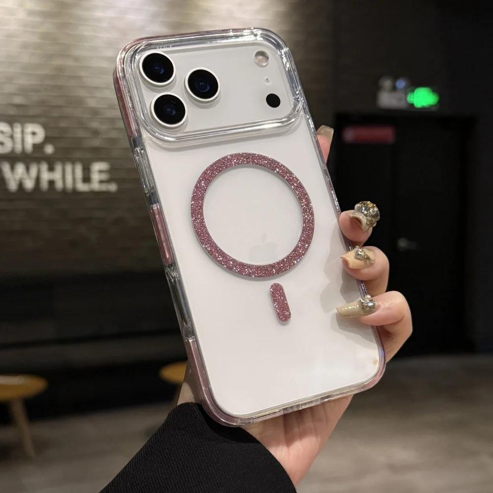 Transparent Glitter Magnetic Armor Case for iPhone 17 Air 16 15 14 Plus 13 12 11 Pro Max For Magsafe Original Shiny Bumper Cover