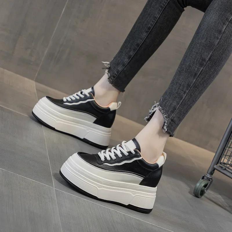 Fashion 9cm Synthetic Genuine Leather Spring Chunky Sneakers Shoes Women Combat Autumn Warm Winter Ankle Platform Wedge Booties