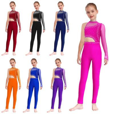 Girls Gymnastics & Skating Leotard: One Shoulder Sheer Mesh Design with Sparkly Rhinestones for Ballet & Competition