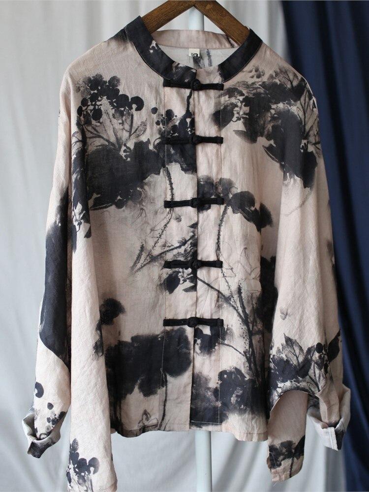 Johnature Camisas de ramio de estilo chino para mujer, Tops con botones de manga larga, blusas holgadas de otoño, camisas con estampado de lavado de tinta