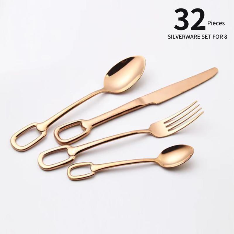 European Look Luxury Cutlery Complete Set Knife Fork Spoon Stainless Steel Tableware Stylish Dinnerware Hangable Design 32Pcs Creativity