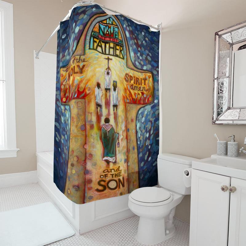 Abstract Religious Art Shower Curtain Cross Design With Holy Spirit And Son Figures Perfect For Bath Decoration