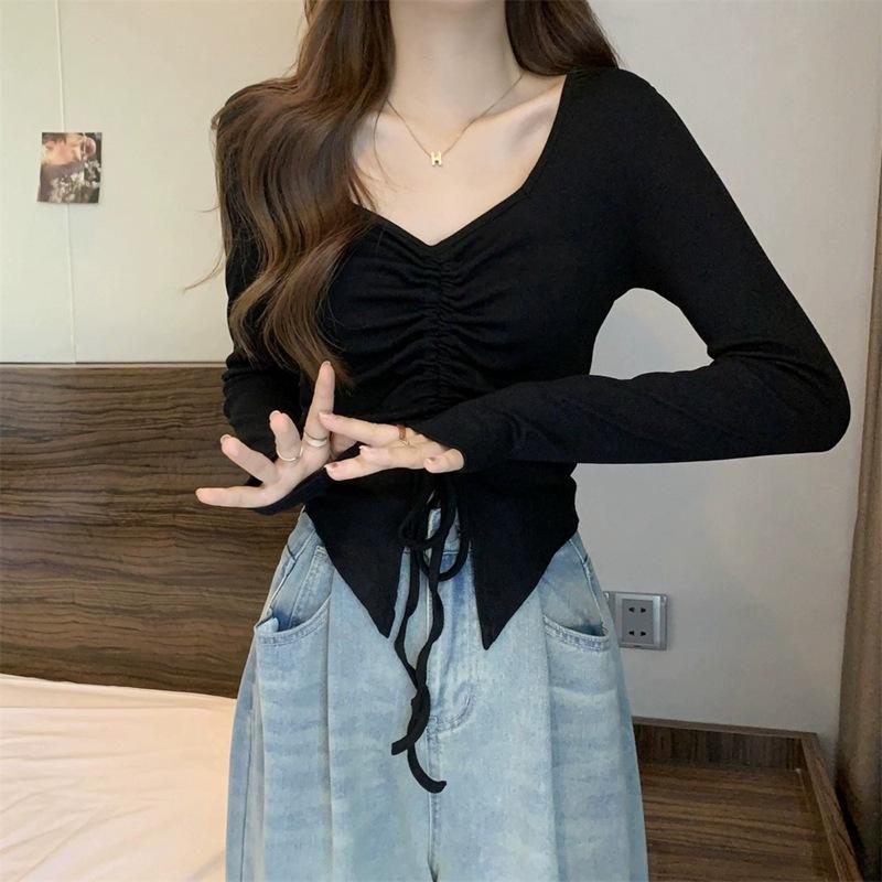 

Сексуальная узкая базовая футболка на шнурке для женщин с талией, узкие и чистые универсальные топы с V-образным вырезом и мелким дизайном XL