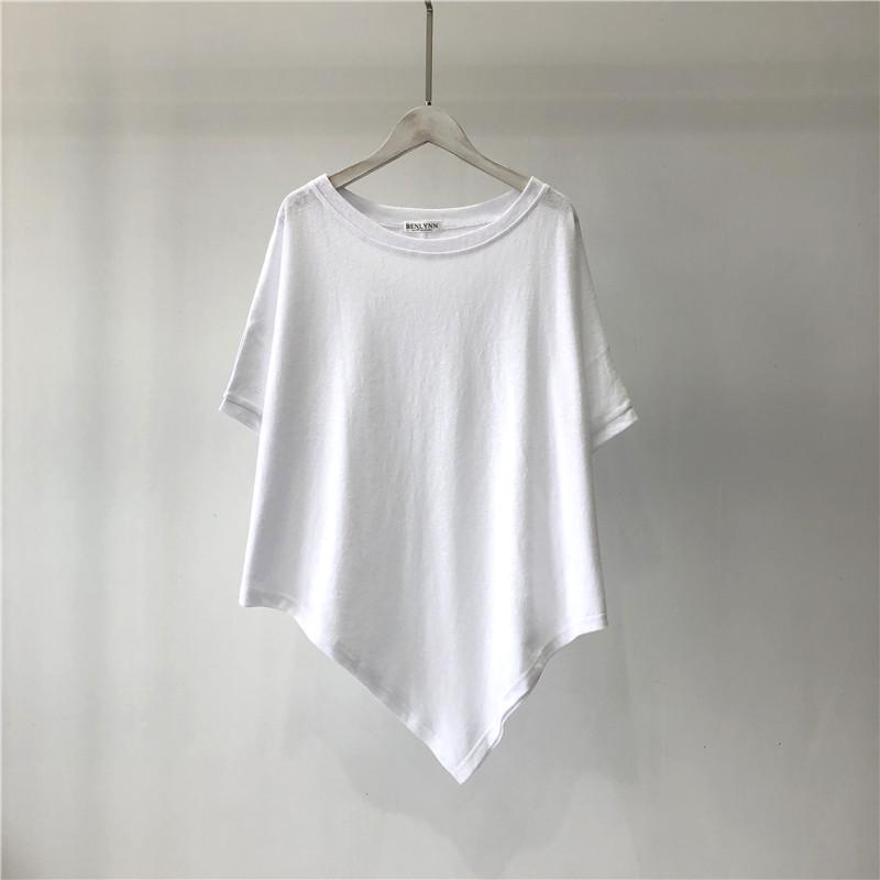Solid Color Irregular Hem Cotton T-Shirt - Women's Loose Short Sleeve Round Neck Summer Top