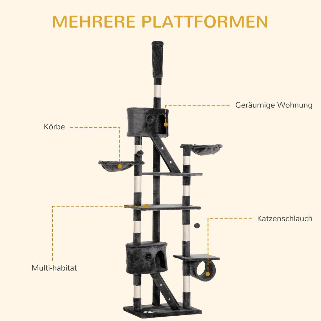 Floor-to-Ceiling Cat Tree for Indoor Cats, 240-260cm Adjustable Cat Tree - Dark Grey