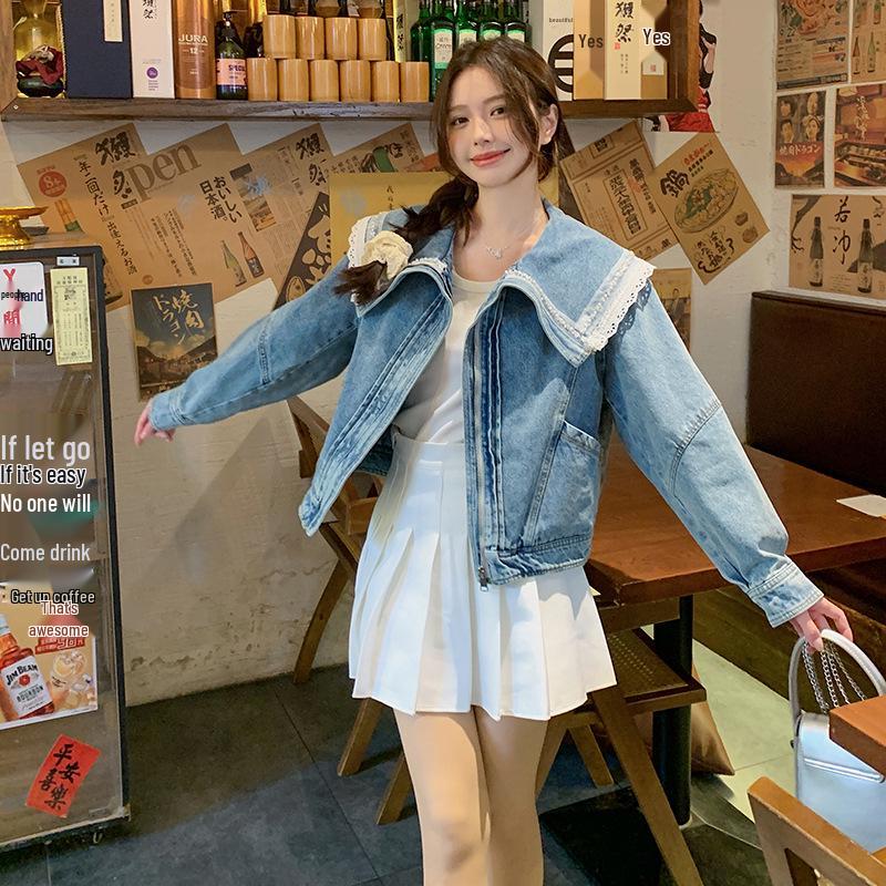 

2025 Джинсовая куртка с кружевной отделкой и воротником Питер Пэн для женщин - Ранняя весна, корейский дизайн S (90-115 jin)