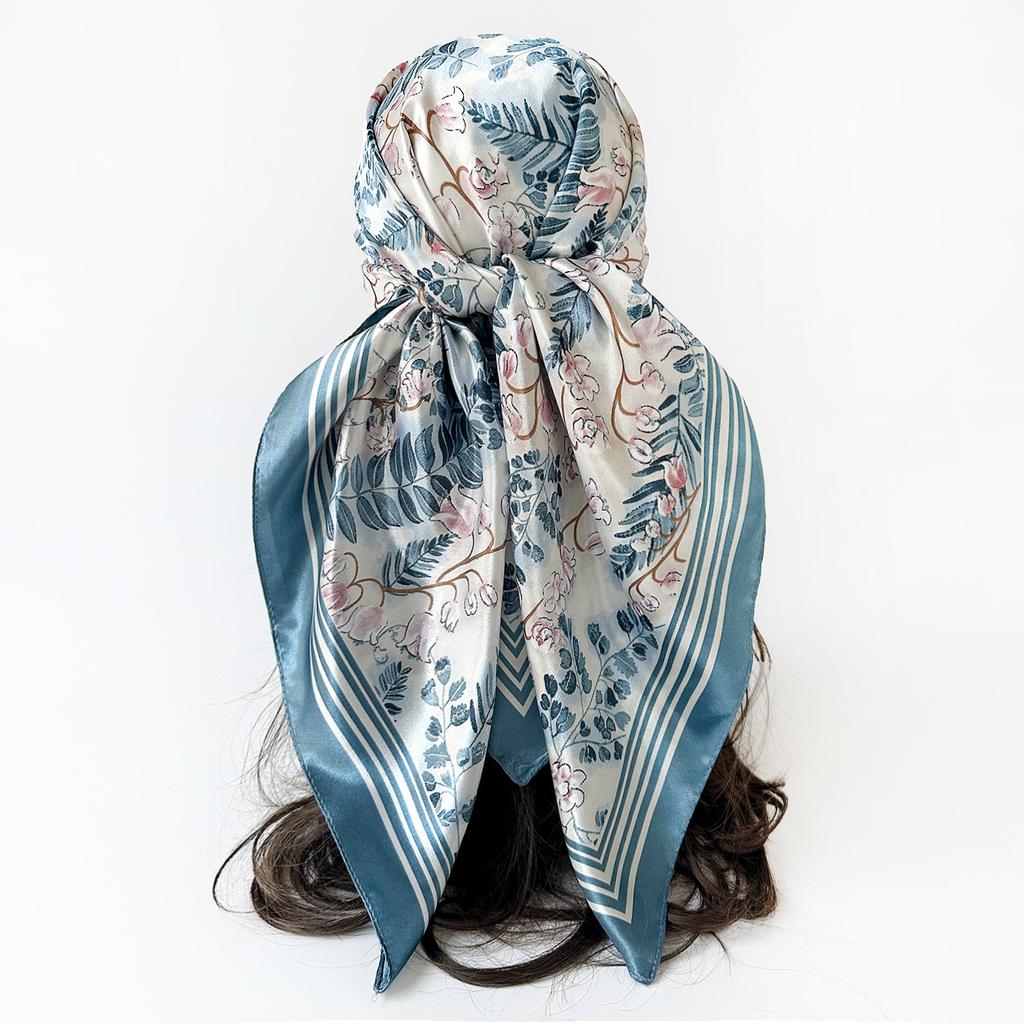 New-style Headscarf, 90cm Silk Scarf, Fresh Floral Print, Square Scarf, Ladies’ Large Scarf