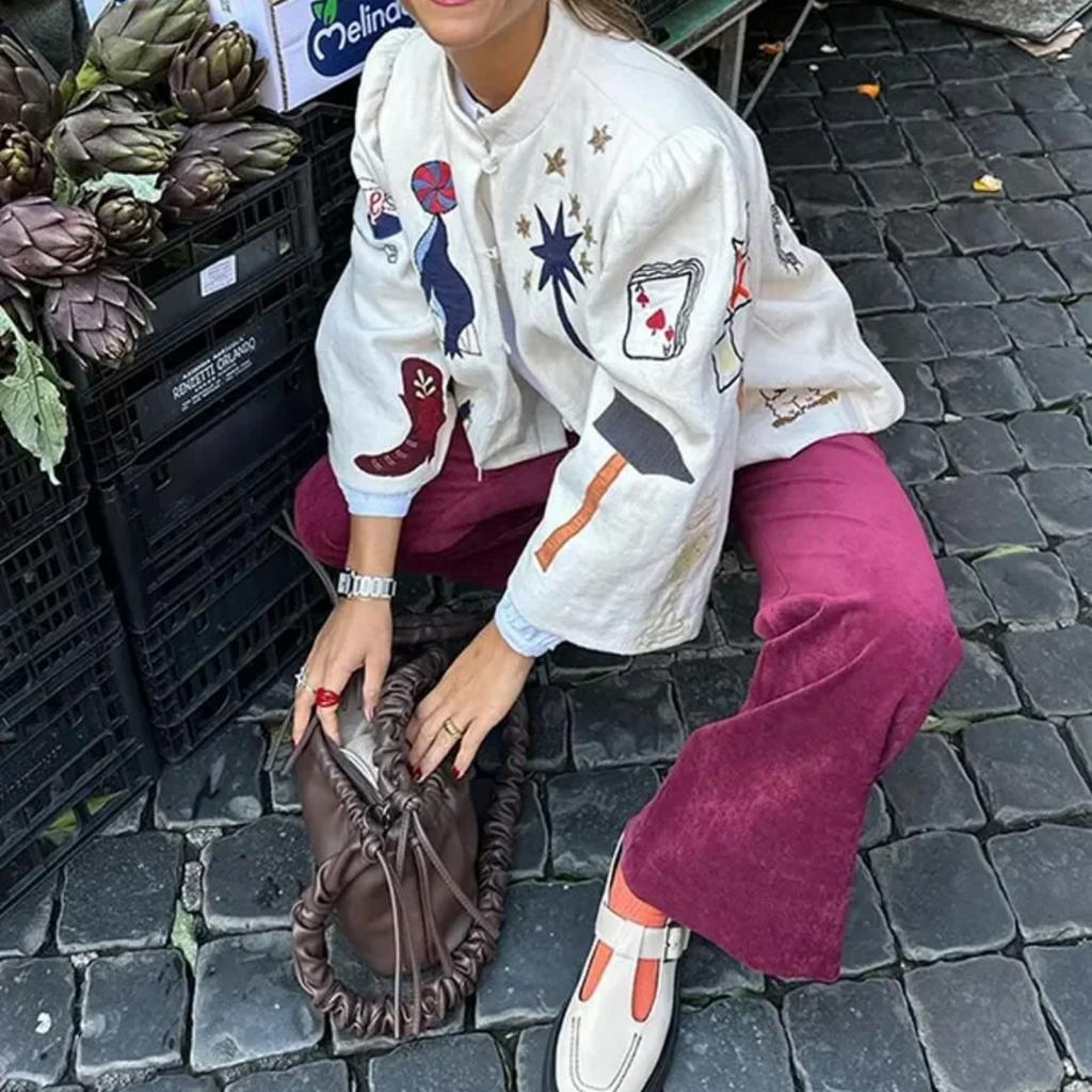 2024 våren vintage trykt kåpe for kvinner Uformelt stativ krage Single Breasted langermet jakke kvinnelig mote overfrakk