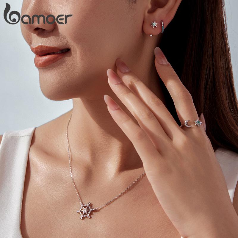 Bamoer 925 Sterling Silver Snowflake Moon Jewelry Set Crystal Blue Front-Back Stud Earrings Earrings for Women Winter Xmas Gift