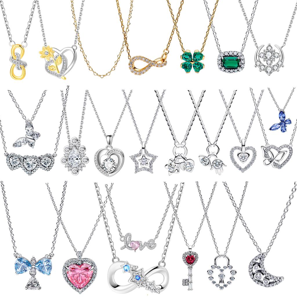New Original 925 Silver Four-Leaf Clover Butterfly Star Moon Heart Key Necklace Fit Women Jewelry Valentine's Day Gift