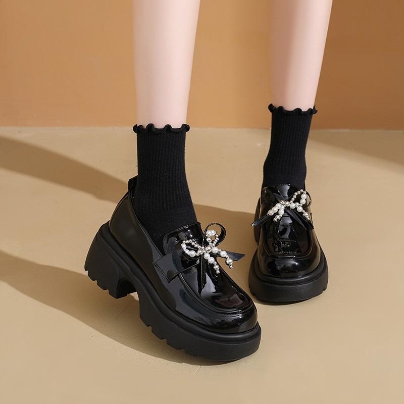 Pearl bow platform women's new autumn black small leather shoes retro single shoes