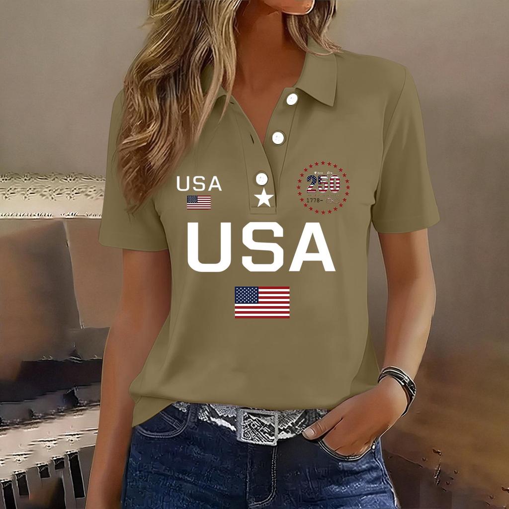 Damen Casual Kurzarm Knopf-Polohemd USA-Aufdruck 250. Jubiläum Grafik Leichtes Sommeroberteil