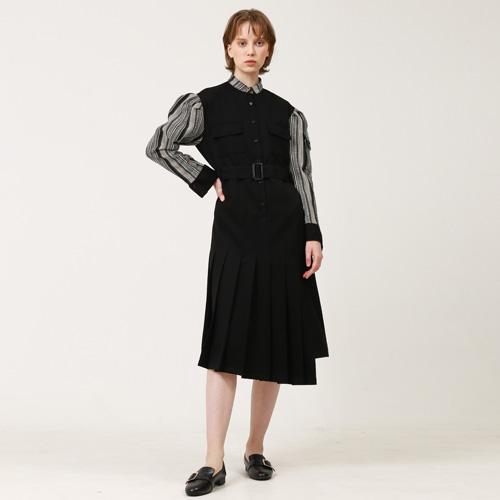 Bunderghost Jacquard Color Block Puff Sleeve Pleated Long Dress Black