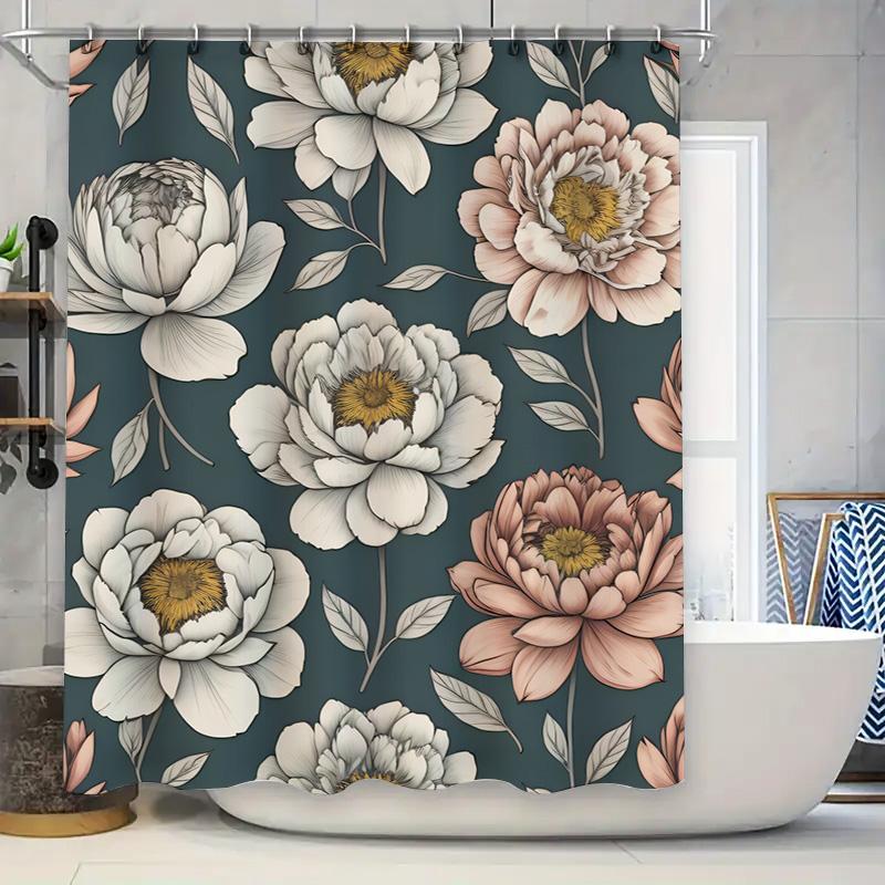 

Vintage-Inspired Floral Shower Curtain Set Featuring White Peonies, Pink Blossoms Greenery On A Teal Backdrop Perfect For Adding W60H190(CM)-1 Pcs