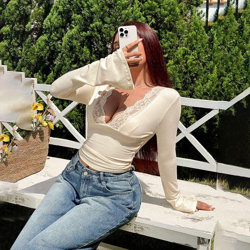 

Instunning Fashion Ins Sexy Sexy Lace V-neck T-shirt Female 2025 New Arrival Waist-Controlled Long Sleeves Tops Light yellow S