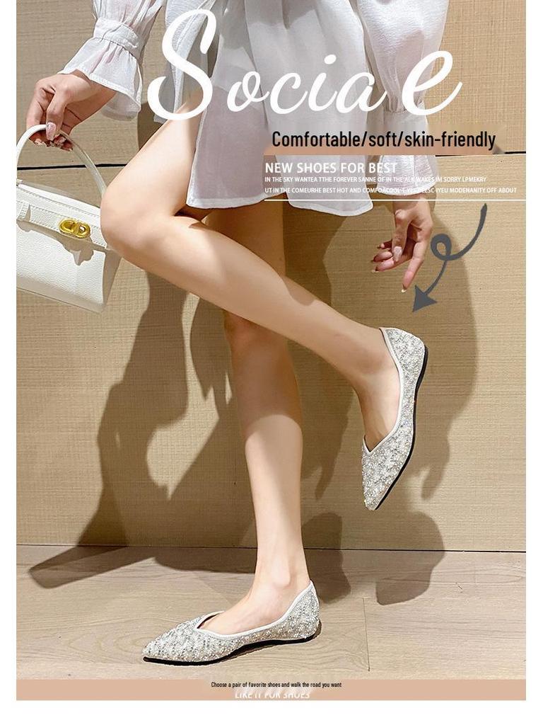 Weiwei Women's Rhinestone Pointed Toe Flats - Low Heel Slip-on Loafers with Soft Sole
